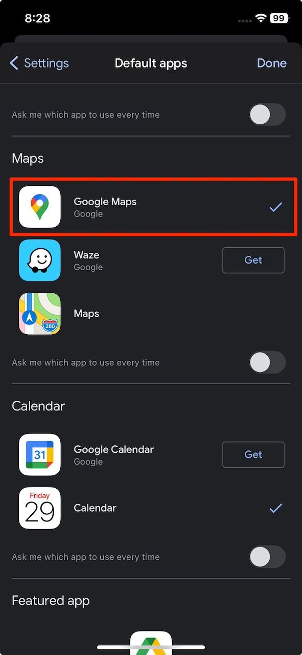 Gmail Default apps menu on iPhone