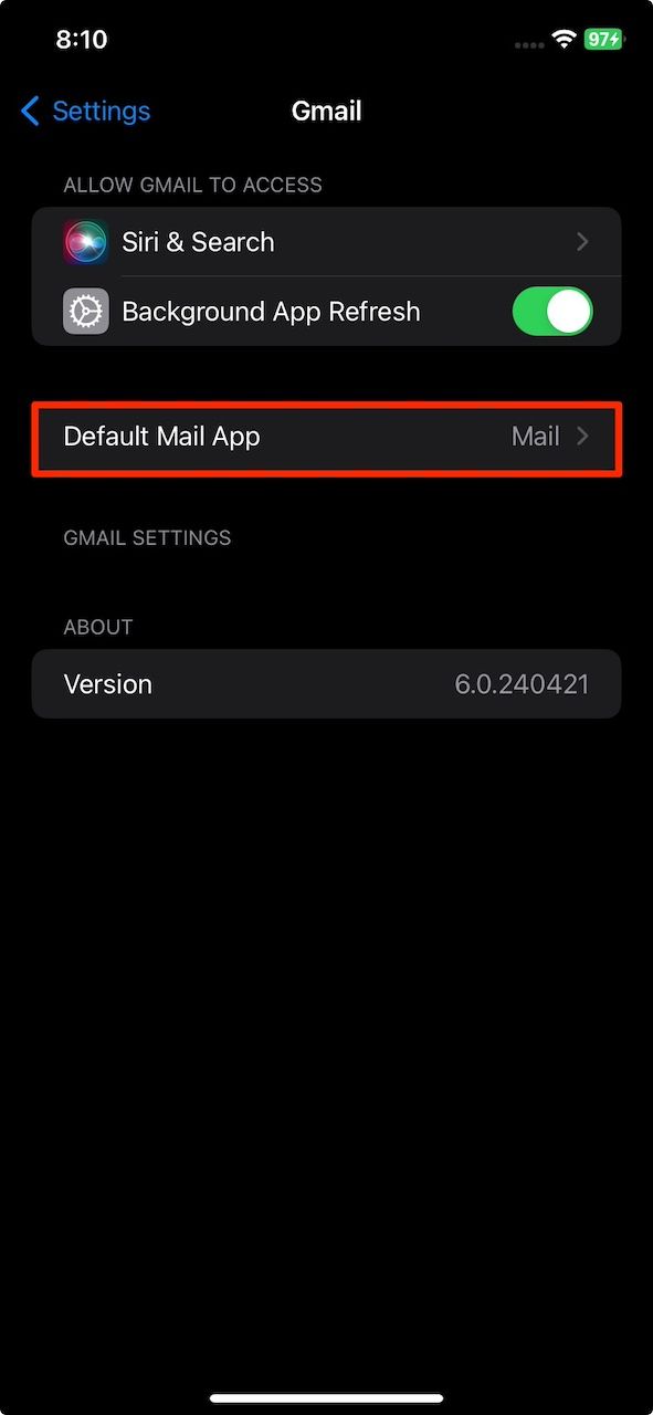 Gmail menu options on iPhone