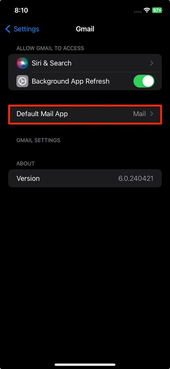 Gmail menu options on an iPhone with a red box around the Default Mail App option