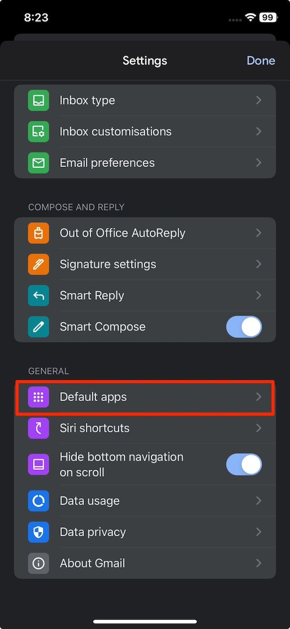 The Gmail Settings menu on an iPhone with a red box around the Default apps option