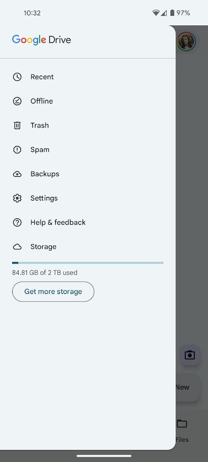 google drive settings menu on android