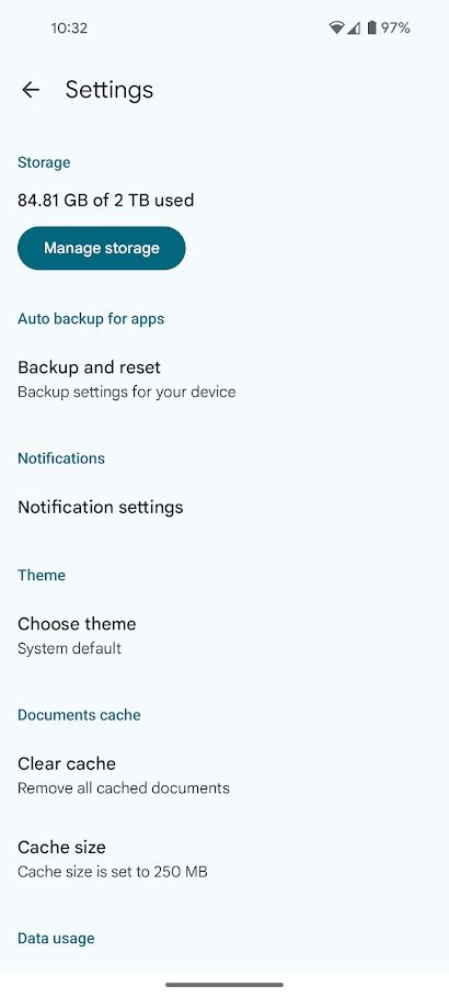 google drive settings menu on Android