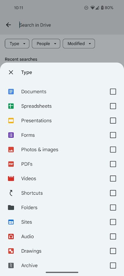 google drive type search filters android