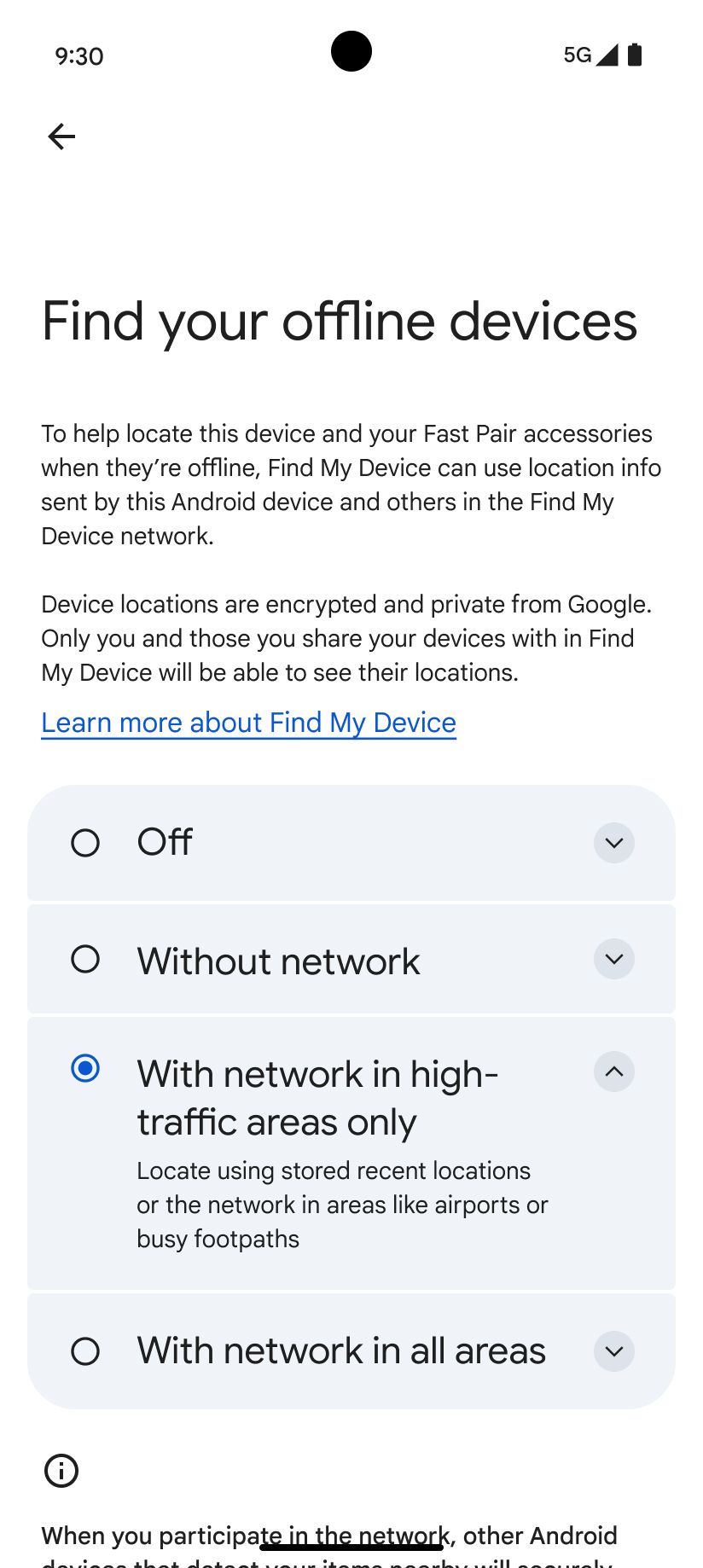 A screenshot of the Google Find My setting screen.