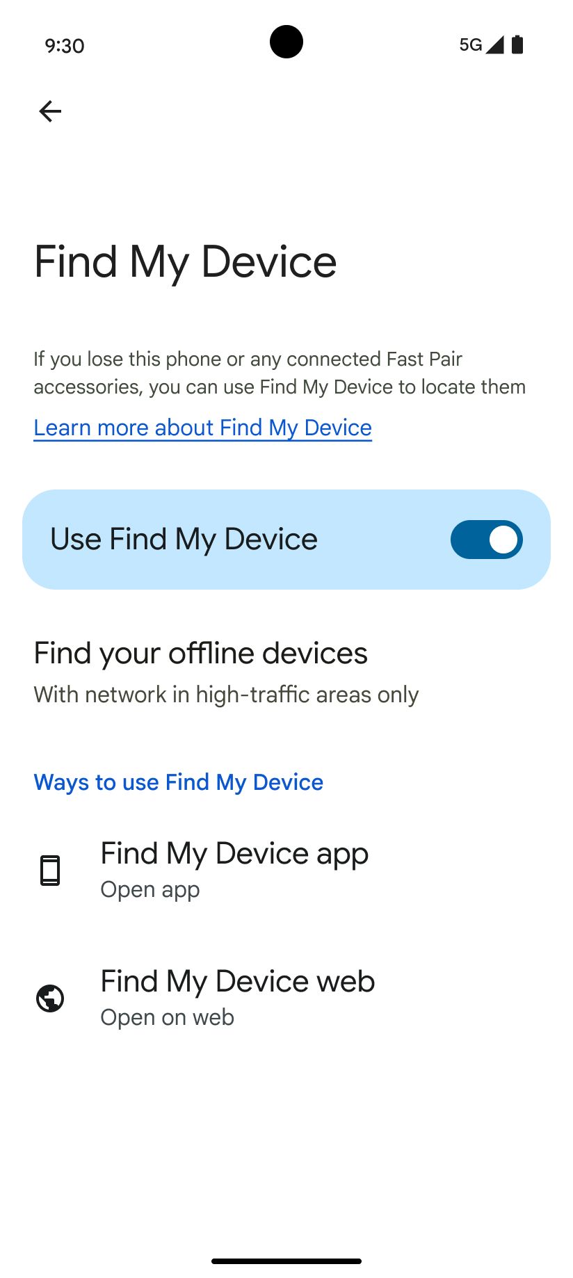 A screenshot of the Google Find My setting screen.