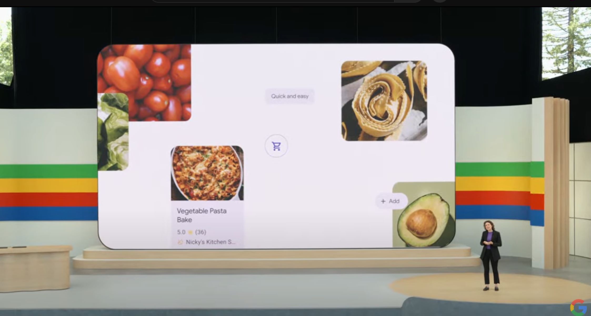 A screenshot of the Google I/O stage and different recipes showing on a big screen at the front of the stage.