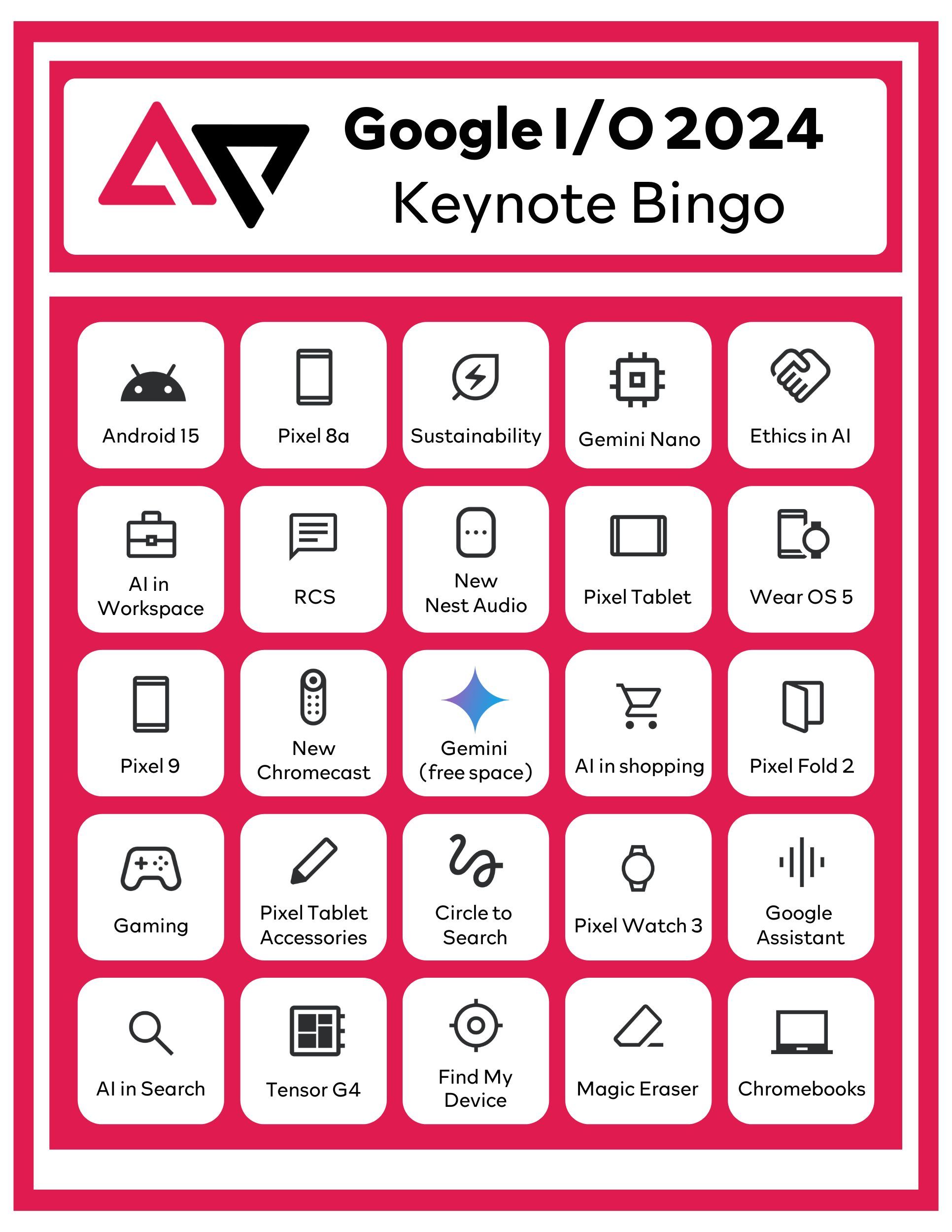 A bingo card showing various Google icons