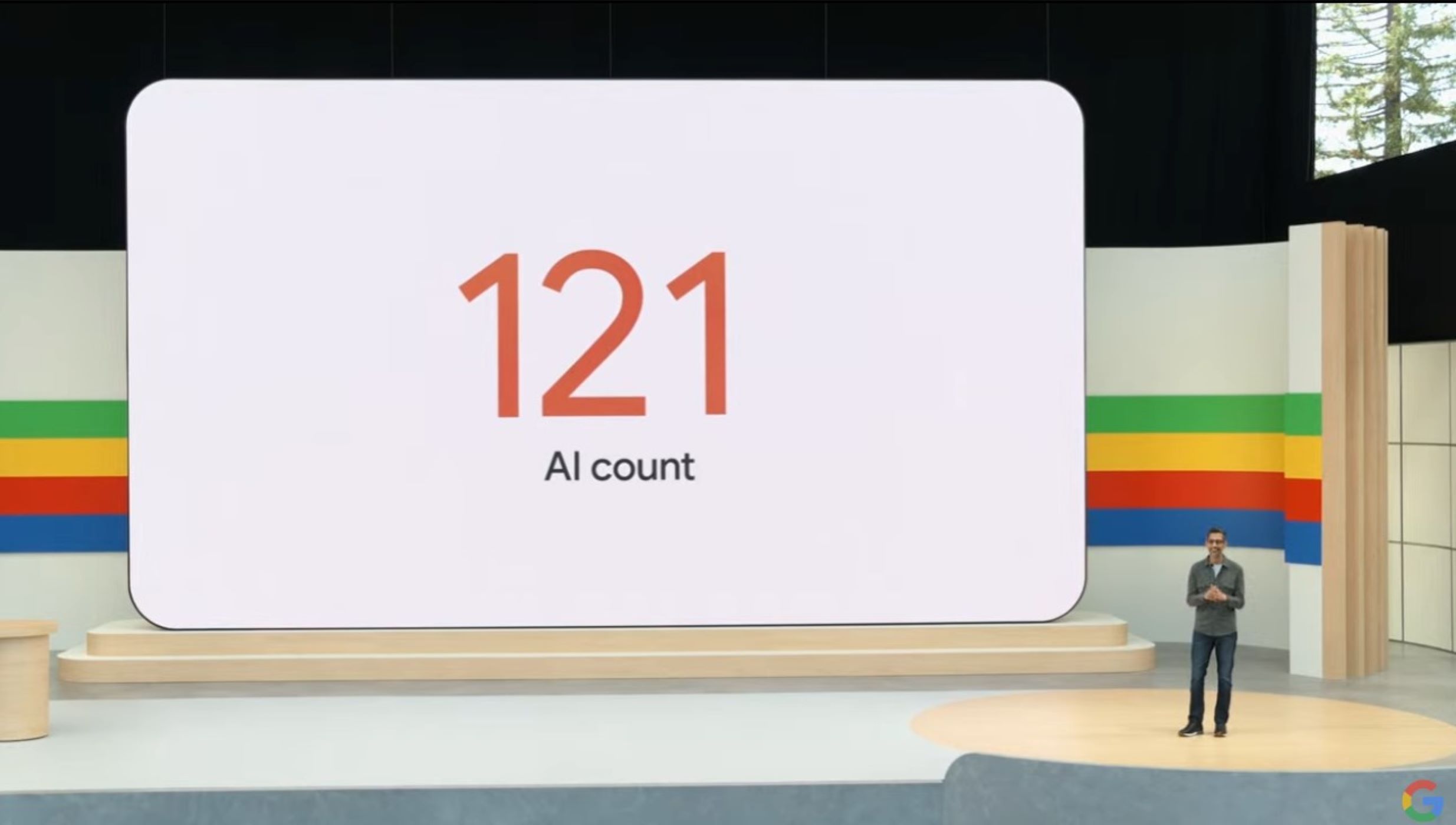 A screenshot of Sundar Pichai standing on stage next to a screen that reads 121 AI count.