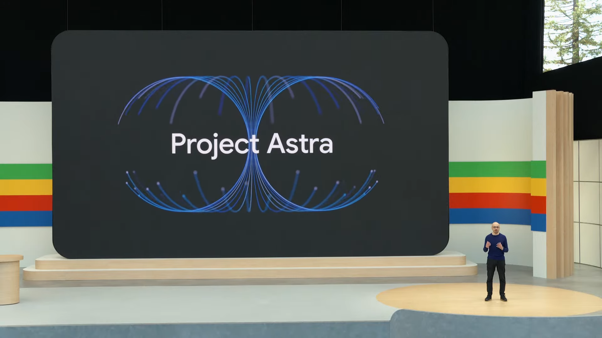 A scene from Google I/O 2024 with a large screen that reads "Project Astra"