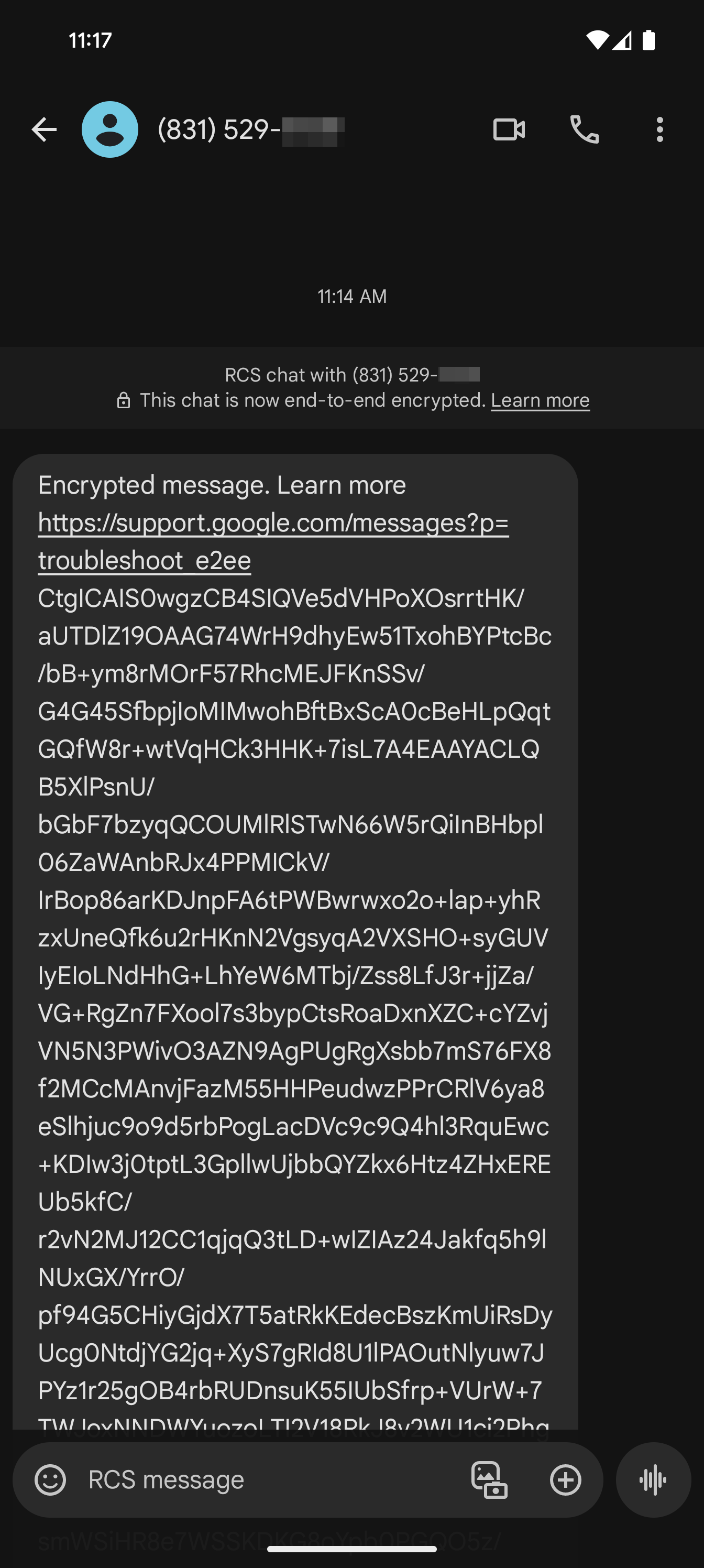 A screenshot of the encrypted message in Google Messages.