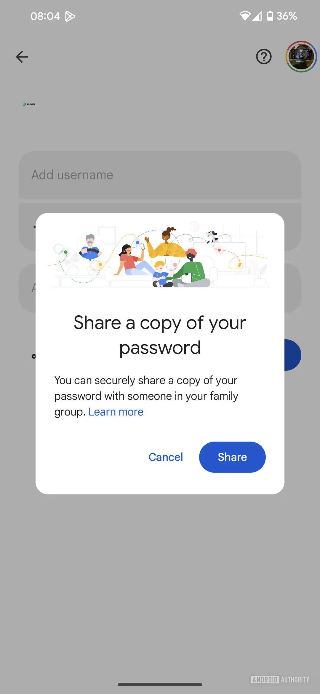 Family sharing in Google Password Manager