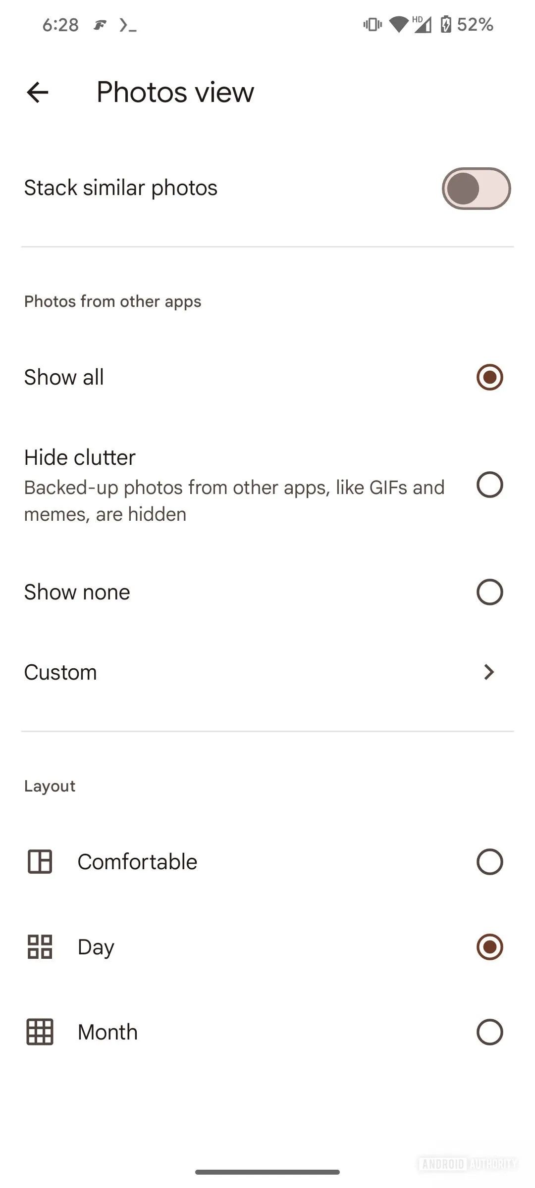 An image of Google Photos setting customization