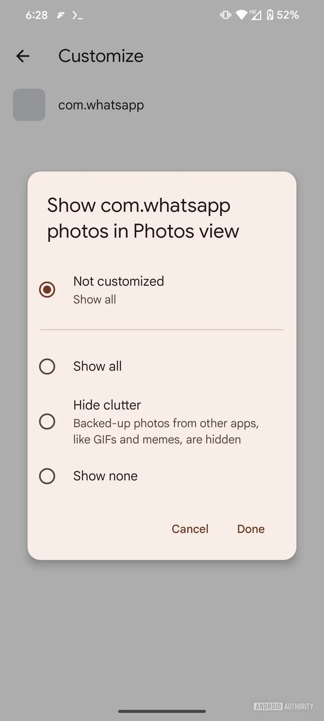 An image of Google Photos setting customization
