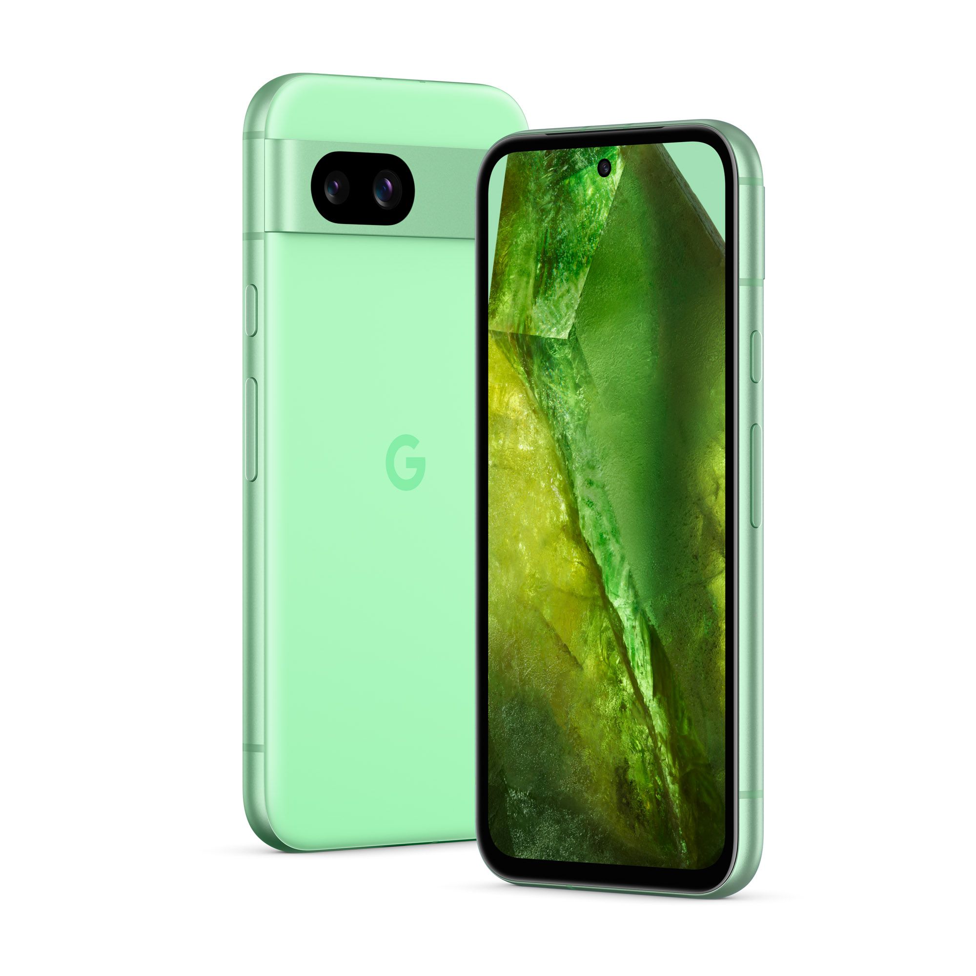 Google Pixel 8A Aloe, front and back views