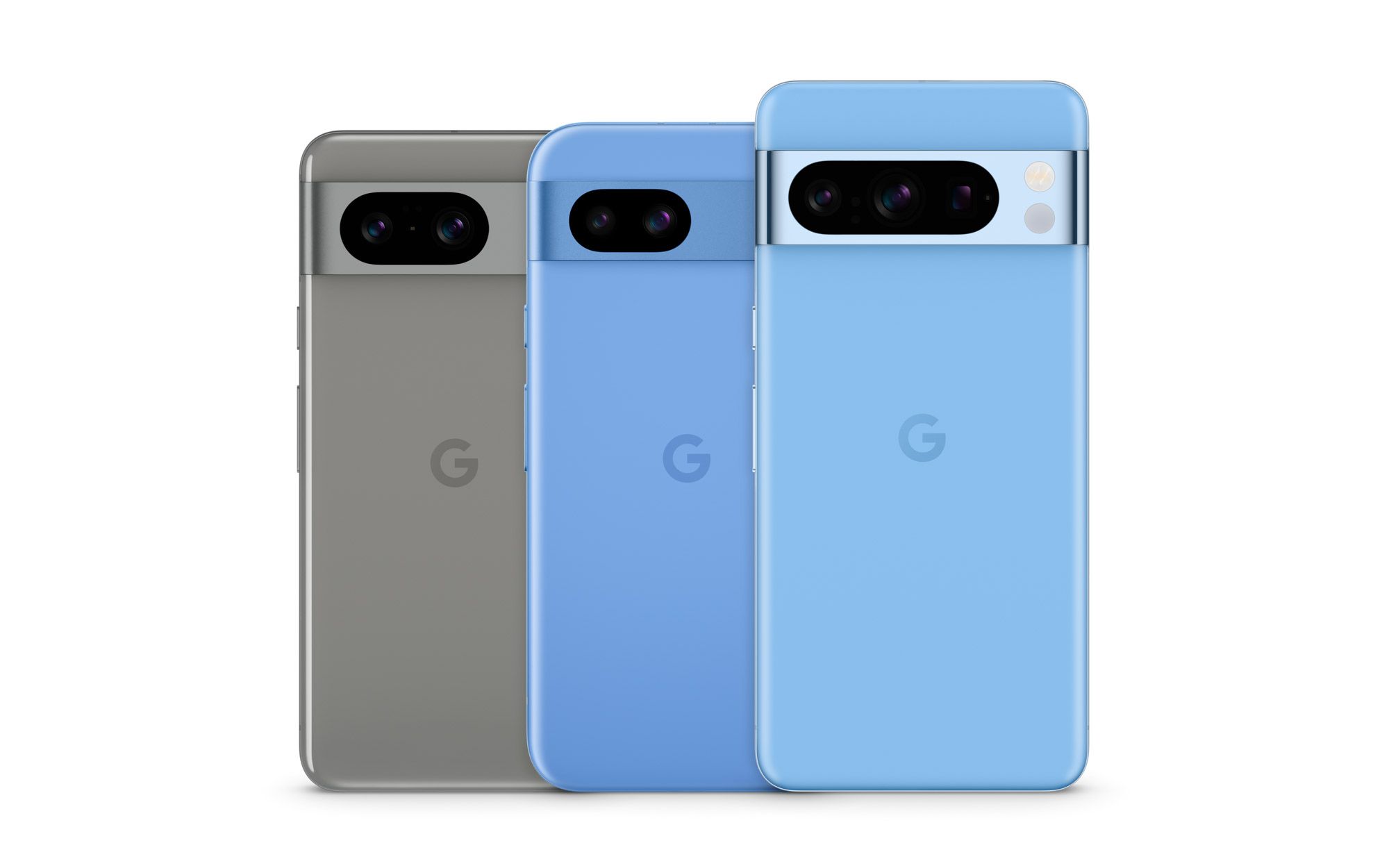 A gray Pixel 8, a blue Pixel 8a, and a blue Pixel 8 Pro next to each other.