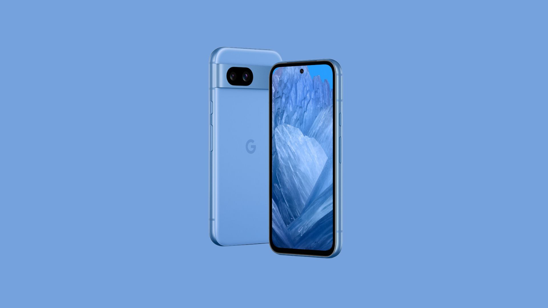 Google Pixel 8a in Bay in a bright blue colored background