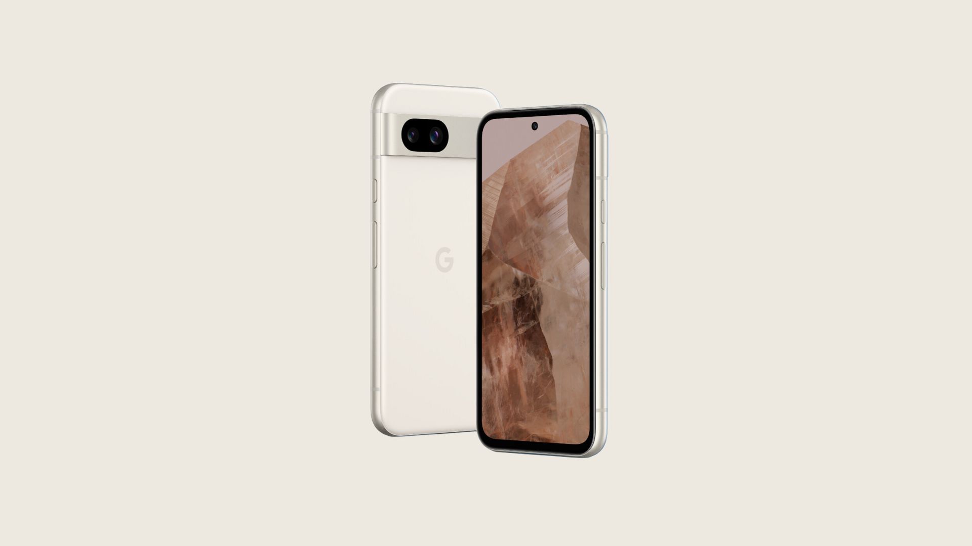 Google Pixel 8a in Porcelain in a bright pale yellow/brown colored background