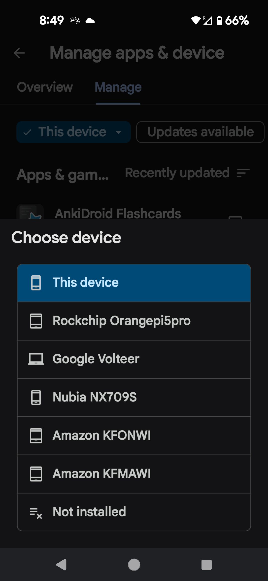 Seleção de menu modal para dispositivos Google Play Store