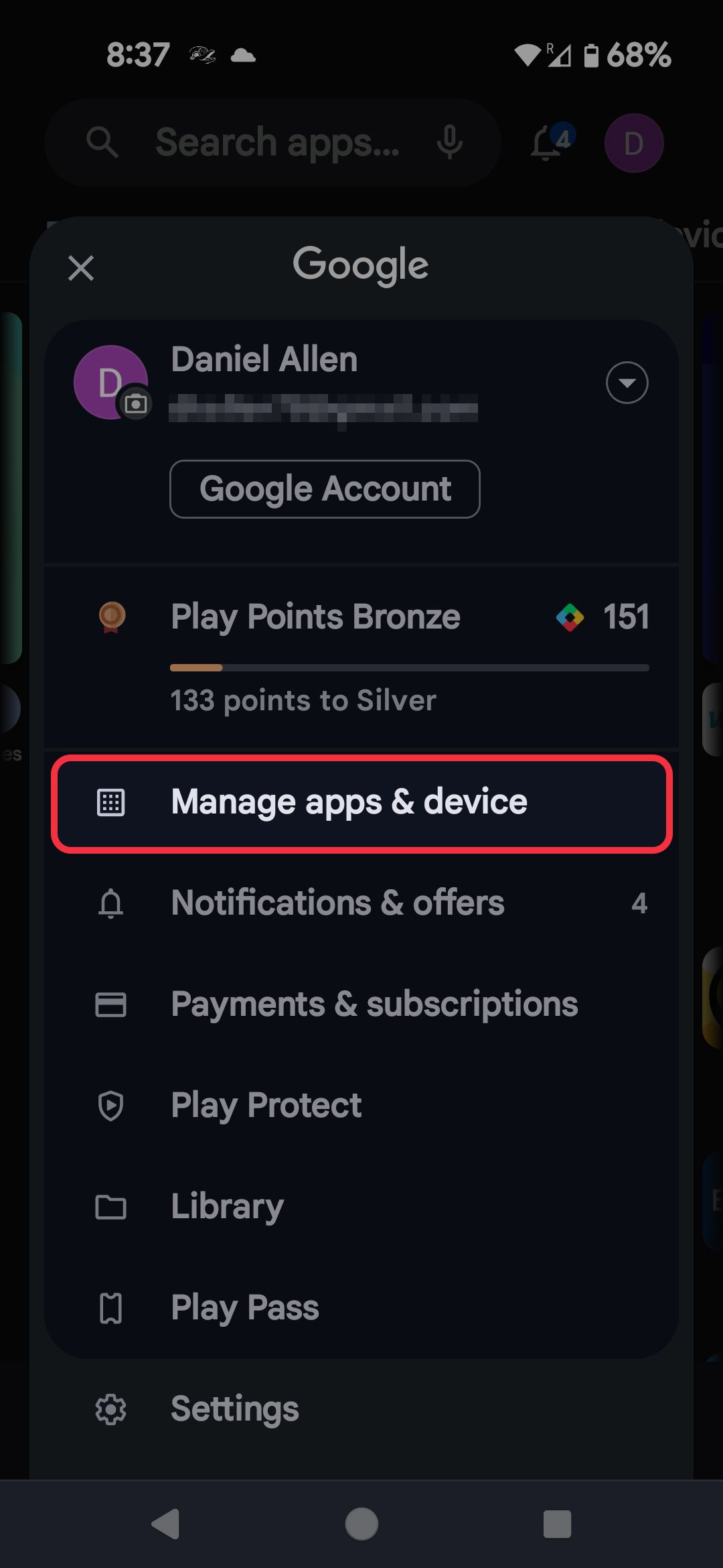 Menu de perfil da Google Play Store destacando a opção 