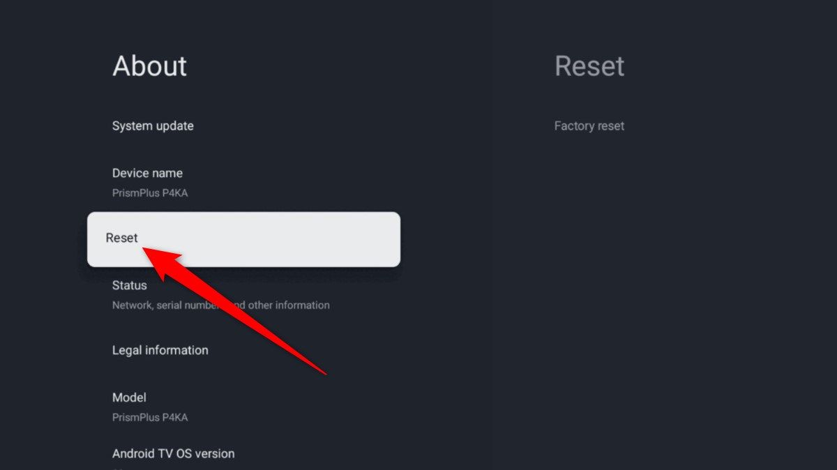 Google TV Reset device option