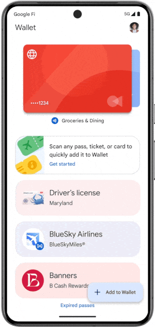 Google Wallet add by photo animation