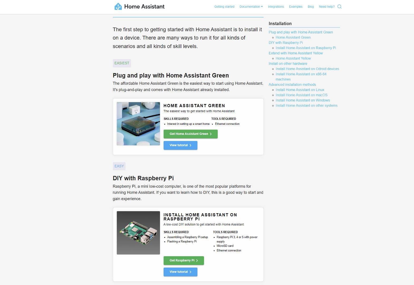 A screenshot of the Home Assistant "Getting Started" webpage