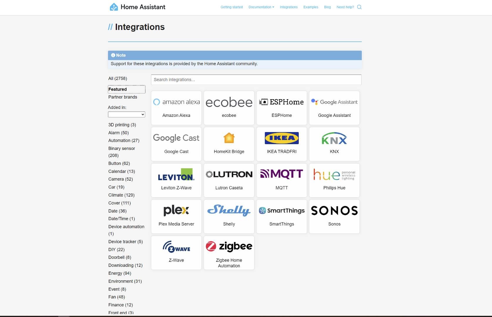 A screenshot of Home Assistant's integrations catalog