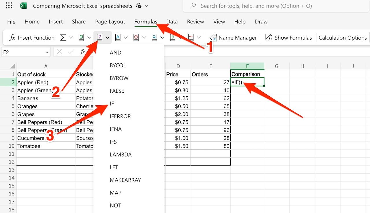 Inserting the IF function in Microsoft Excel spreadsheet