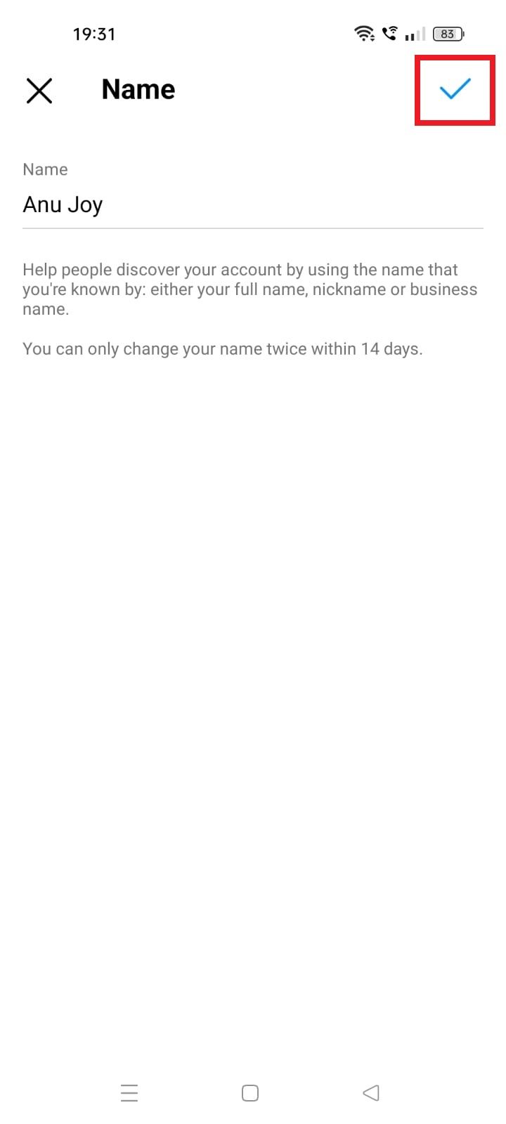 Screenshot highlighting the green check mark on the Instagram app