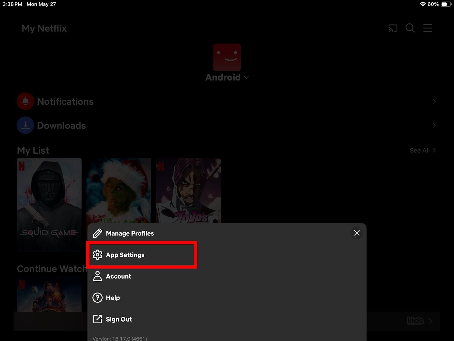 red rectangle outline over app settings in netflix app on an ipad
