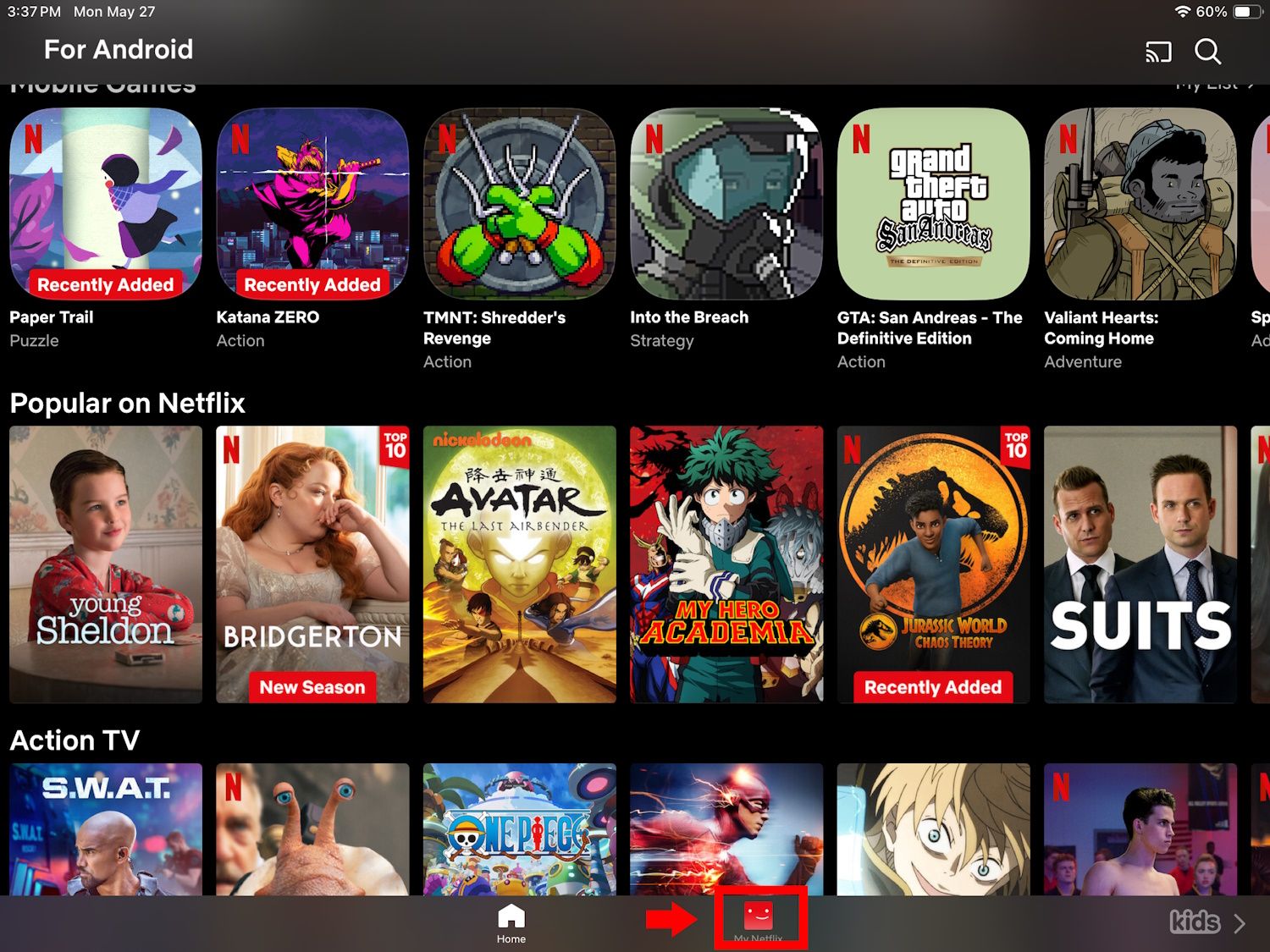 red arrow pointing to my netflix icon at bottom on an ipad