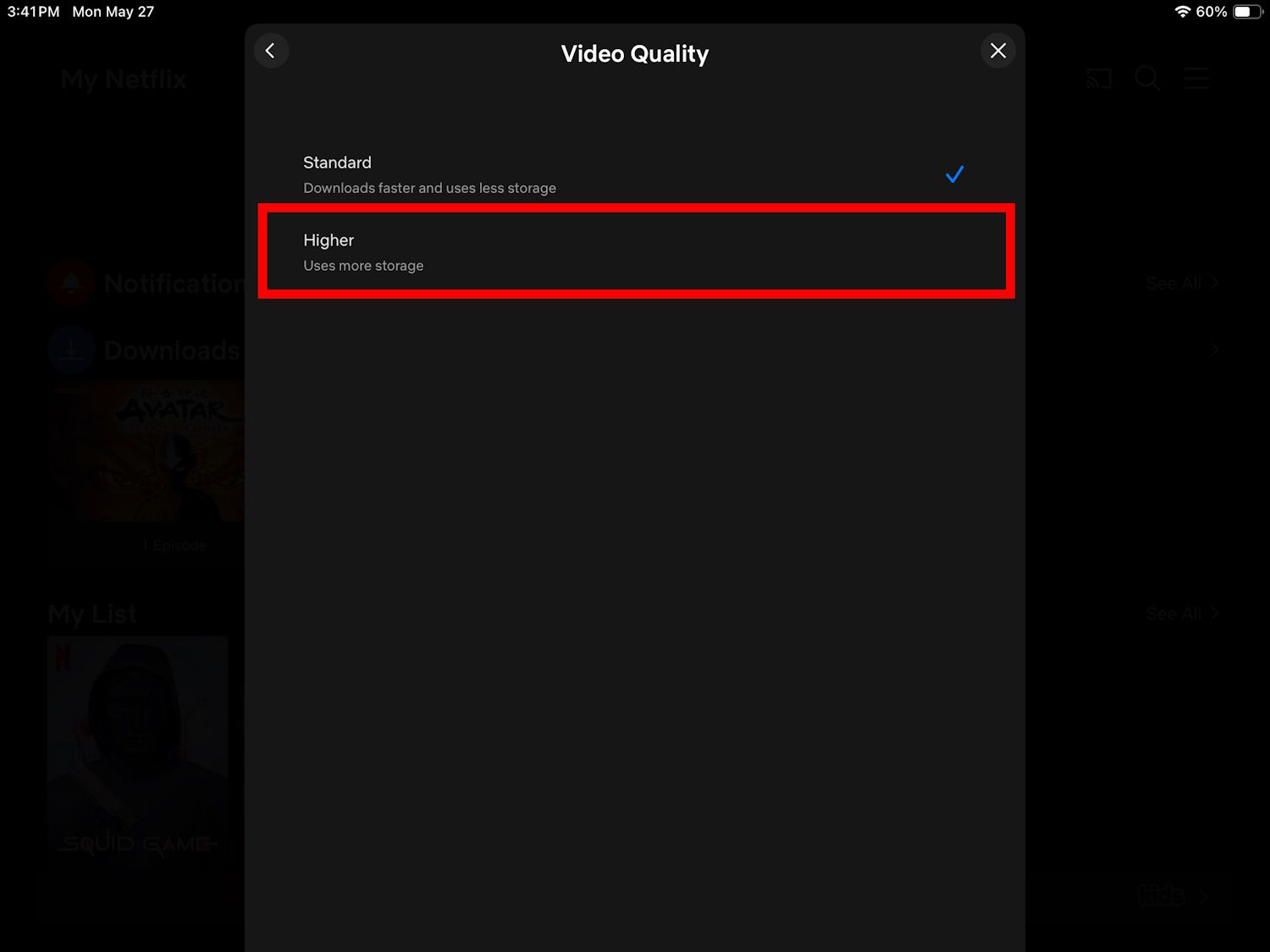 red rectangle outline over higher download video quality option on an ipad