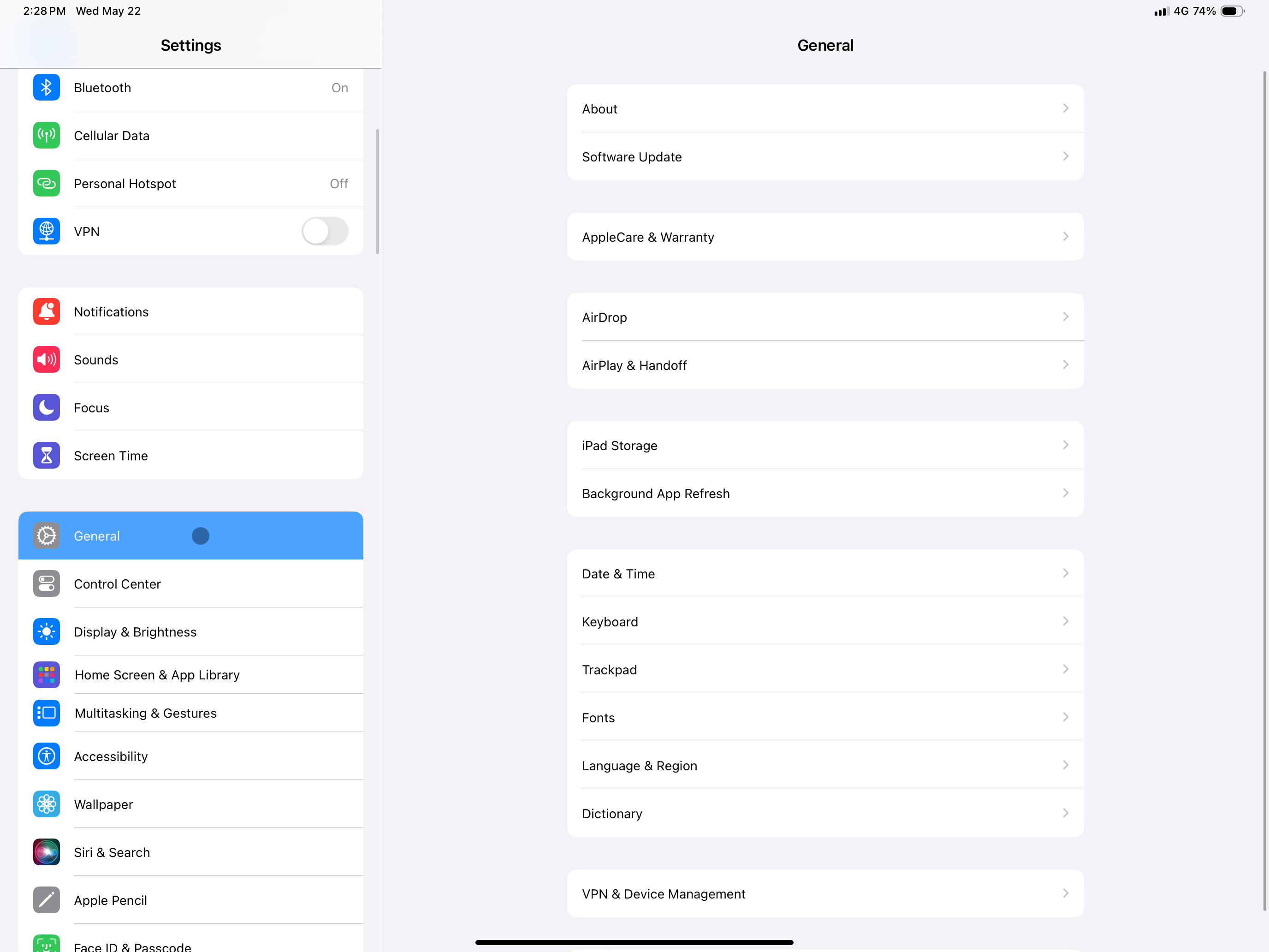 screenshot showing iPad settings