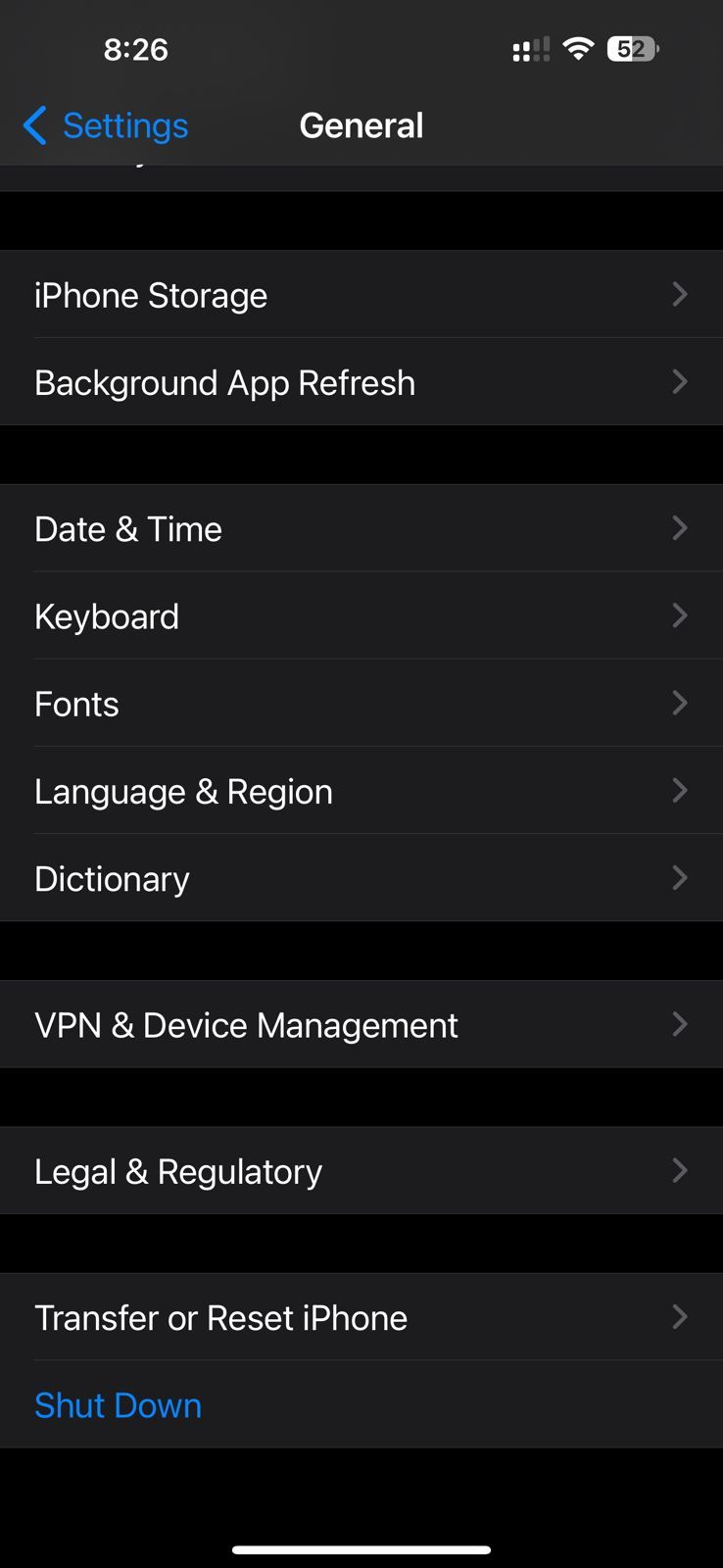 Screenshot showing iPhone's general settings