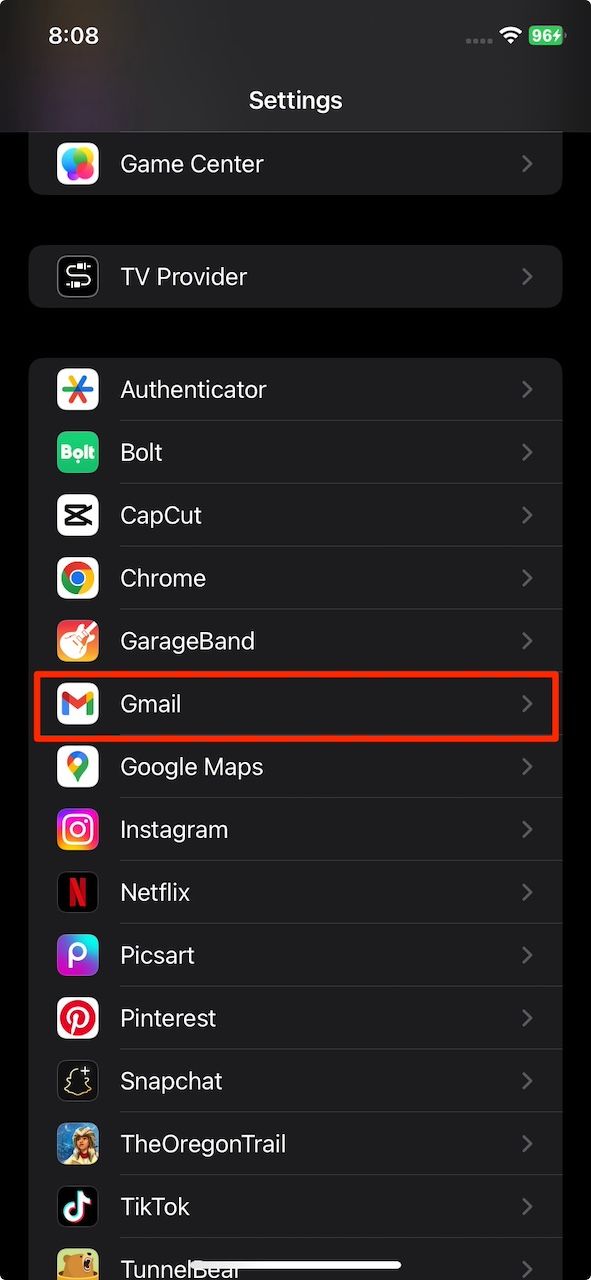 Selecting Gmail in iPhone Settings menu