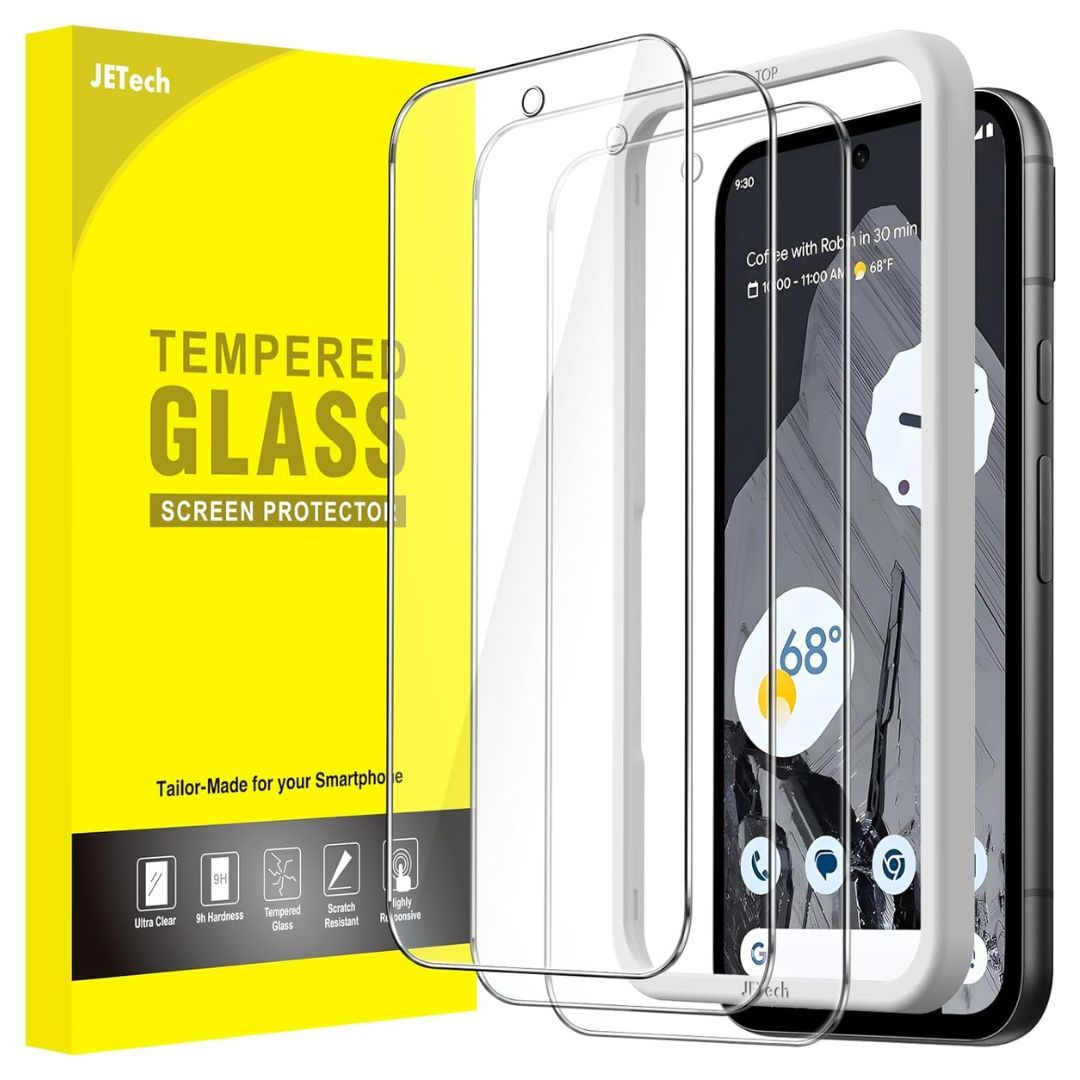 A yellow box with a screen protector overlayed on top of the Pixel 8a