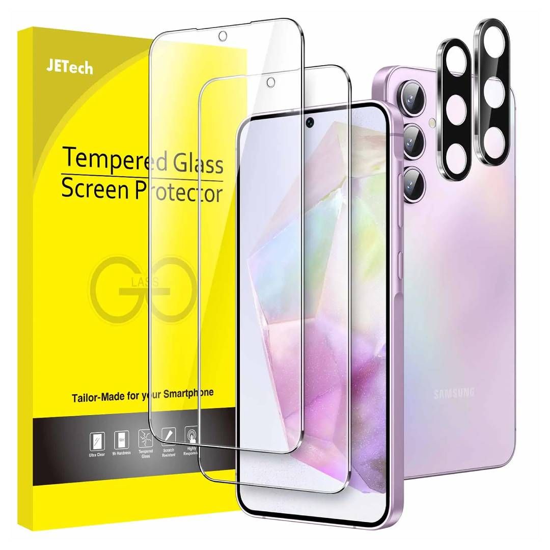 A render of JETech's set of tempered glass screen and camera covers for the Galaxy A35