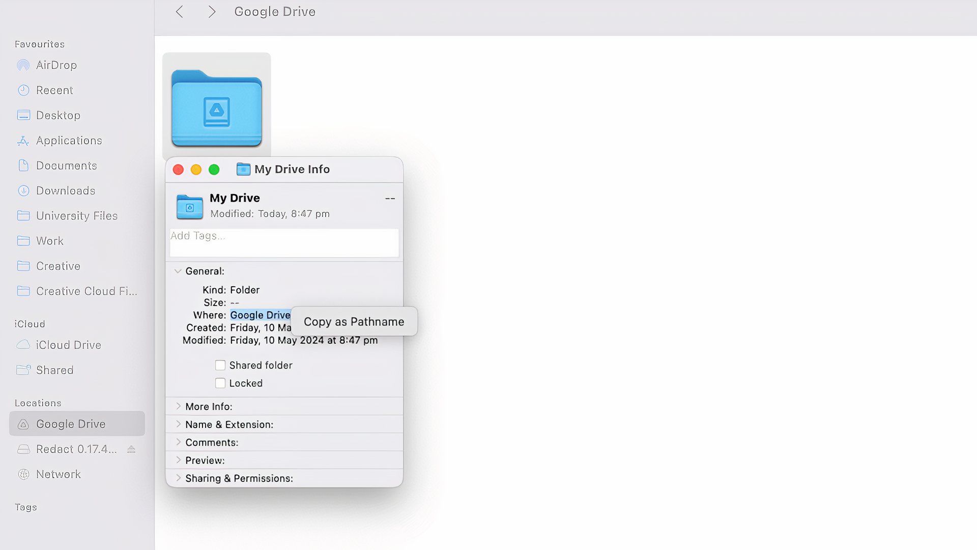 macOS Finder window showing the information for "My Drive" in Google Drive, indicating its location