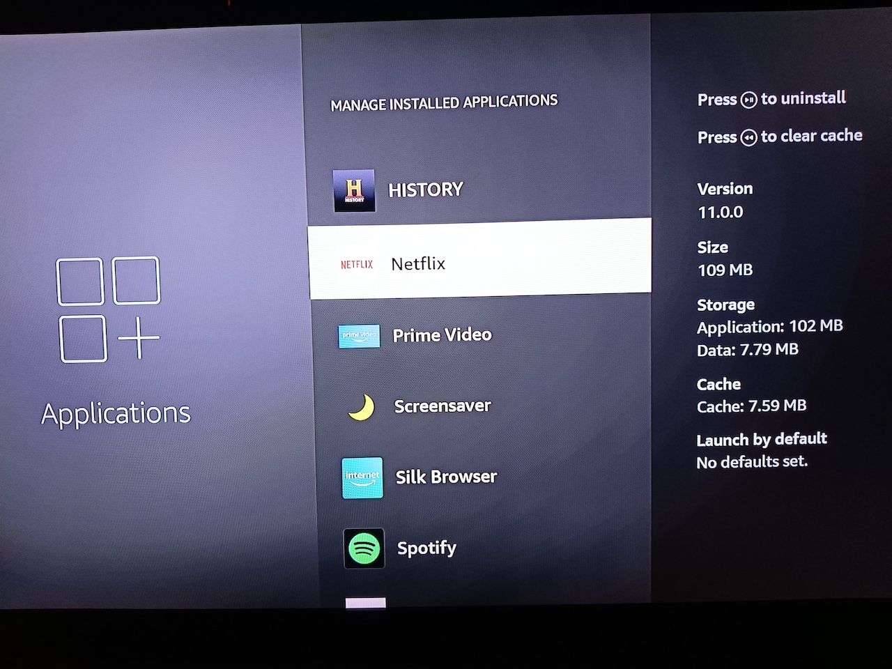 Manage Installed Applications menu on Amazon Fire TV Stick