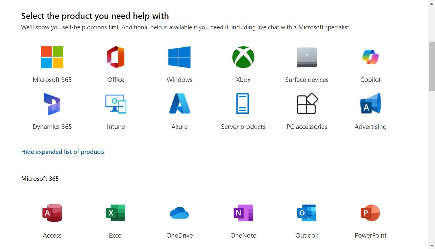 Microsoft product list on the Microsoft Support contact page