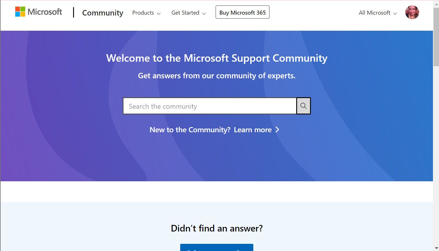 Microsoft Support community page with search the community box 