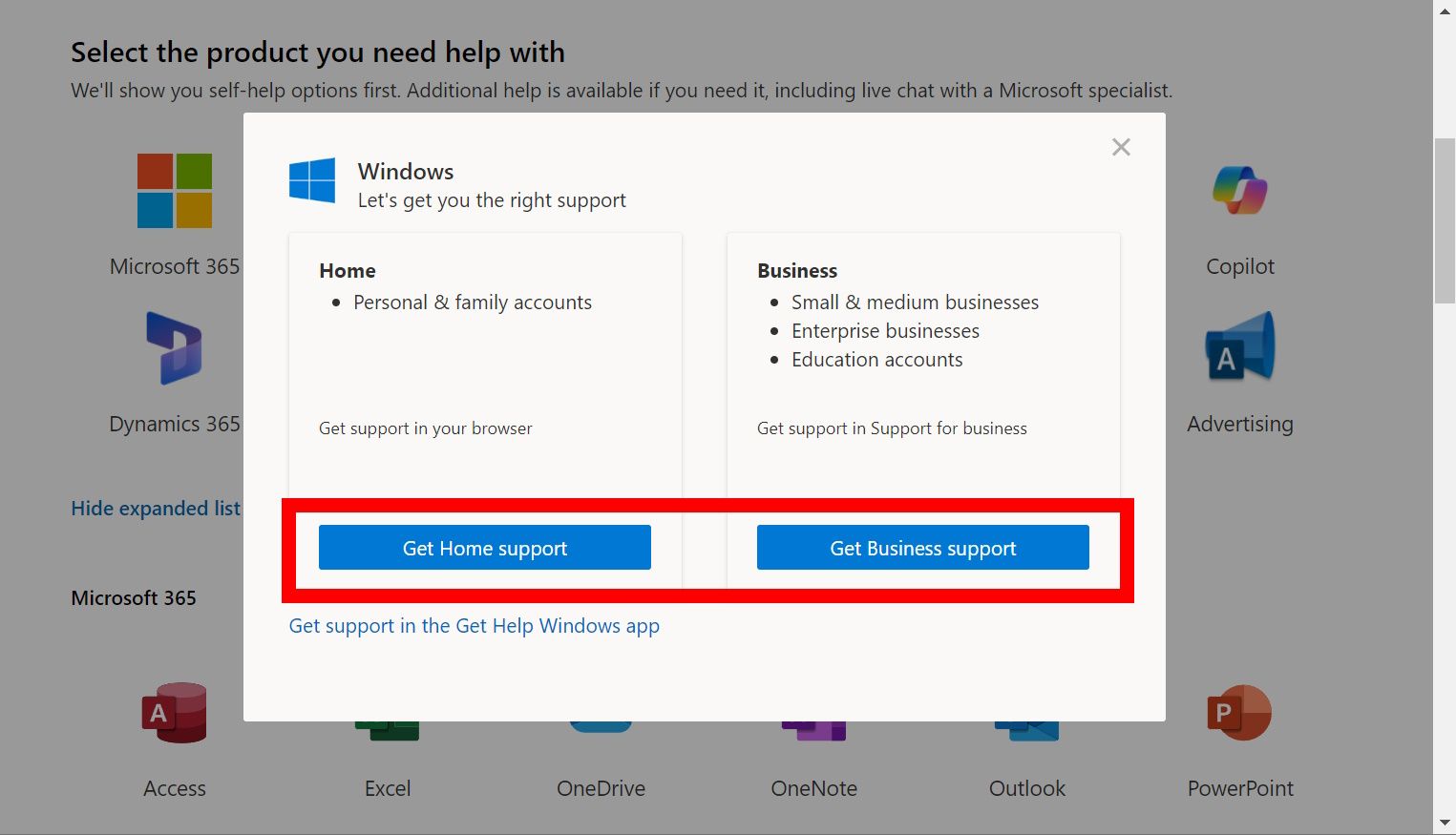 red rectangle outline over get home support and get business support buttons on Microsoft Support contact page