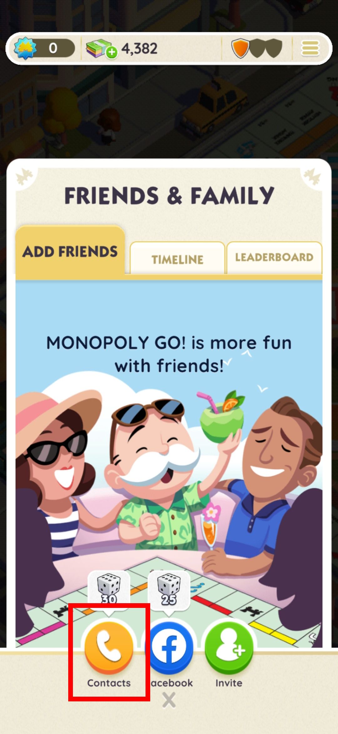 red rectangle outline over contacts in add friends tab in monopoly go app