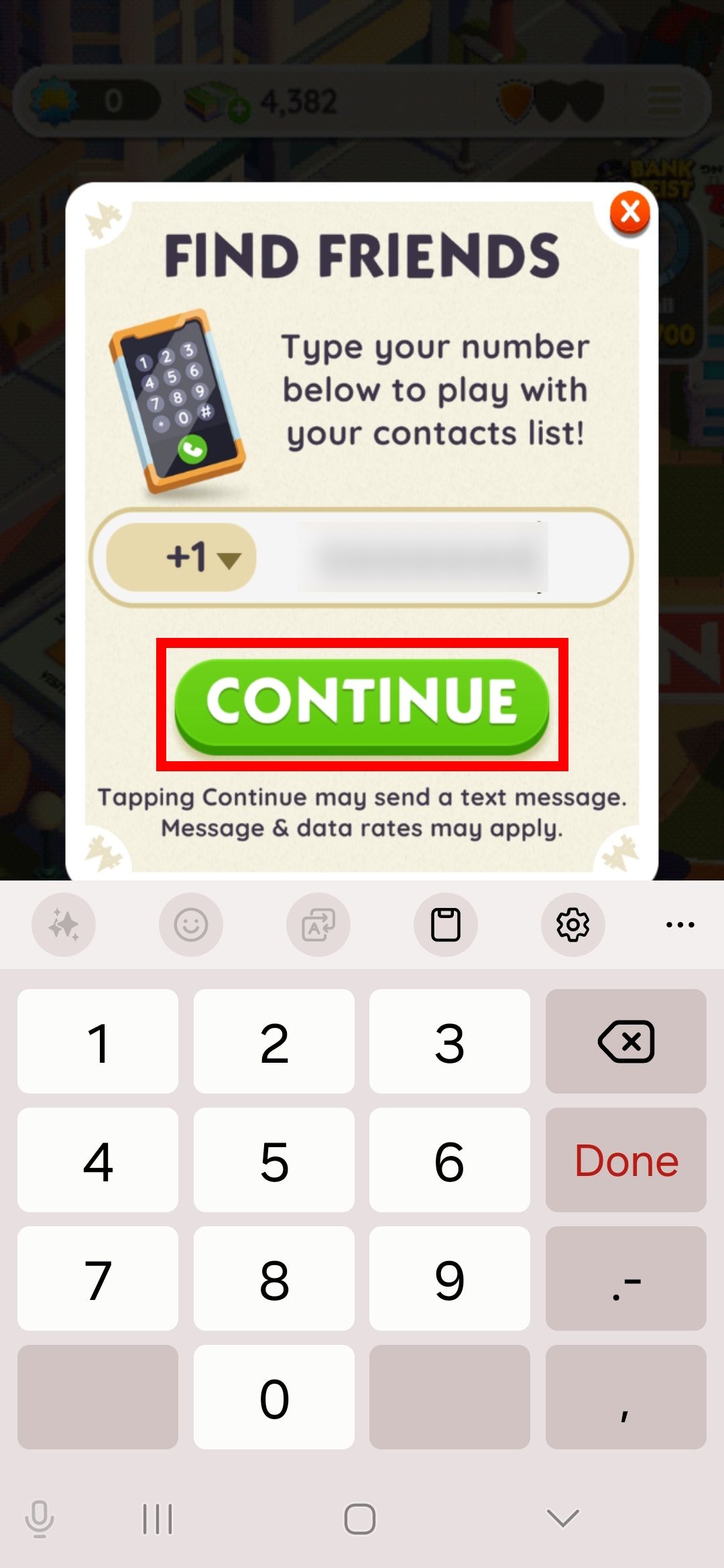 red rectangle outline over continue button in find friends add phone number screen