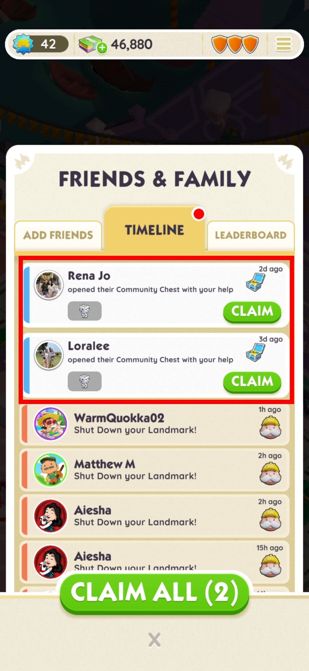 claim free dice on friends list on monopoly go app with claim all button