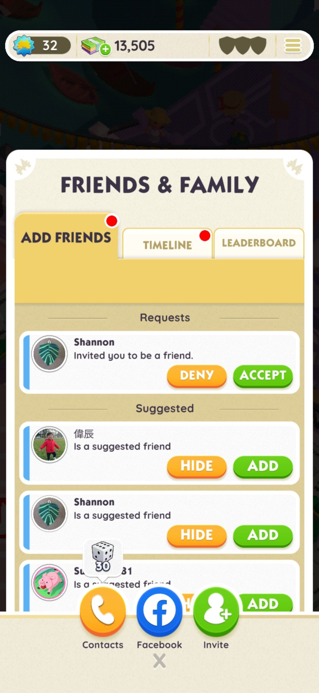 list of suggested friends with add and hide buttons in monopoly go app