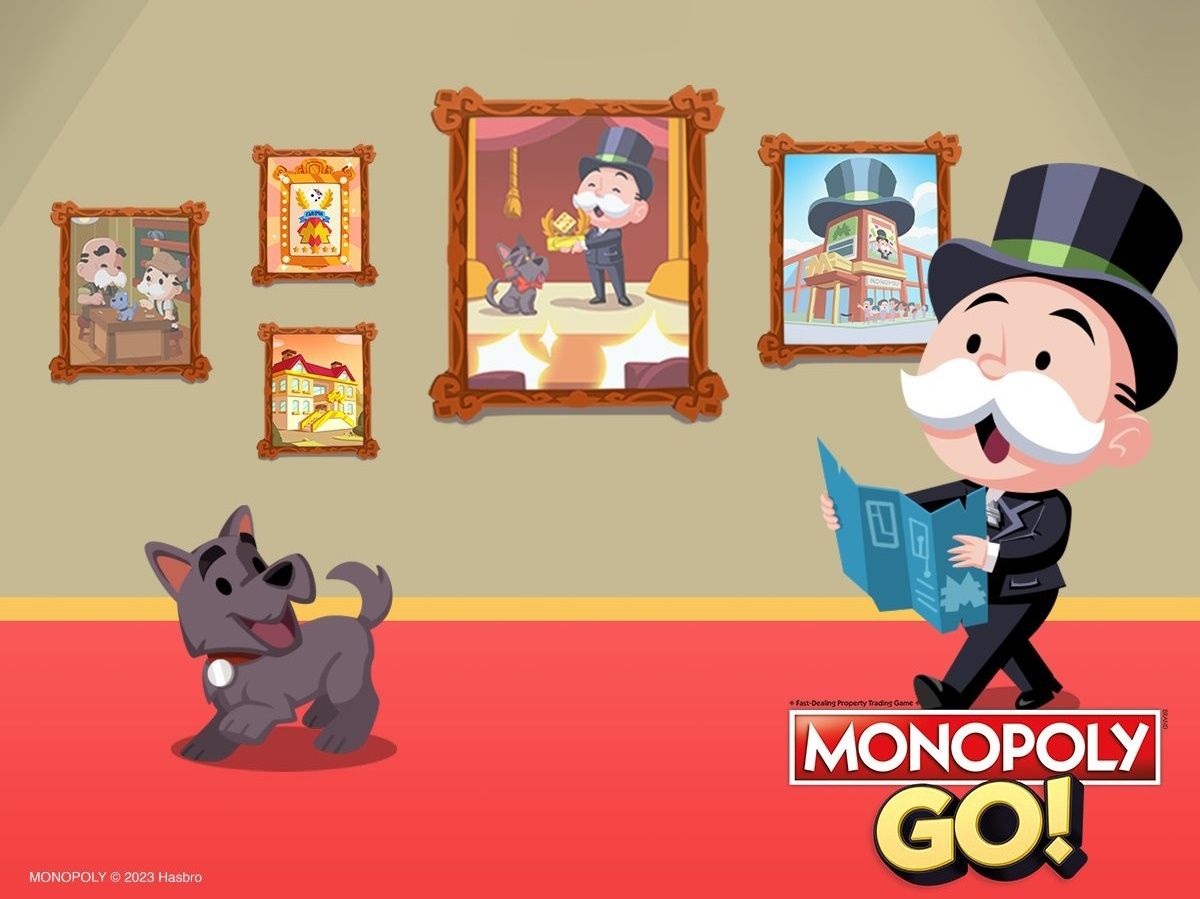 dog and mr. monopoly walking in a gallery