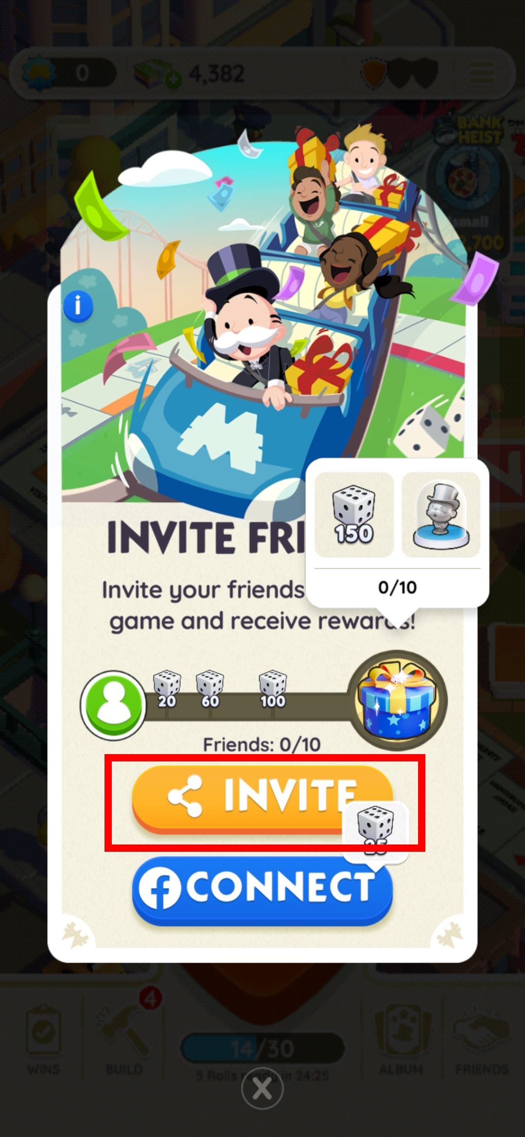 red rectangle outline over invite share button in monopoly go app