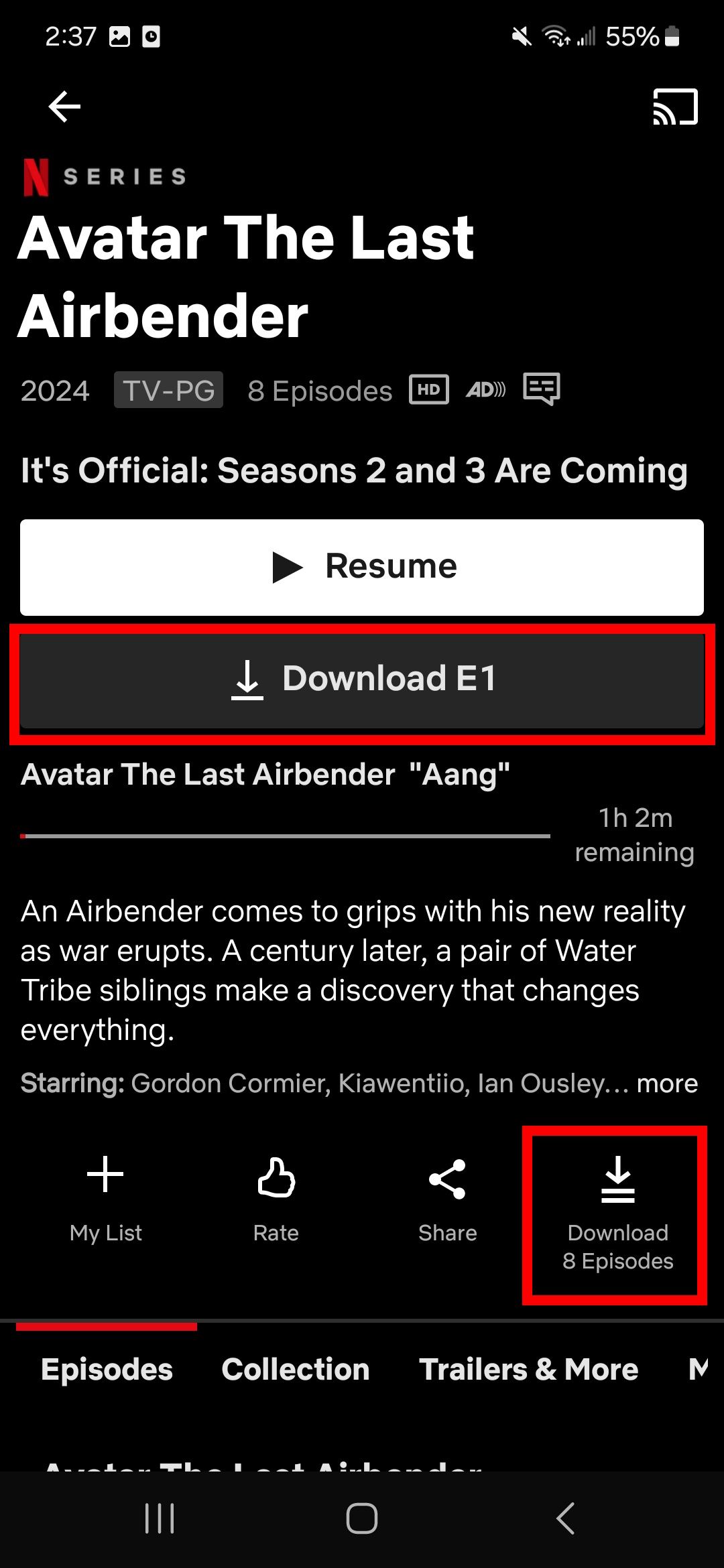 download options on a selected netflix listing inside netflix app