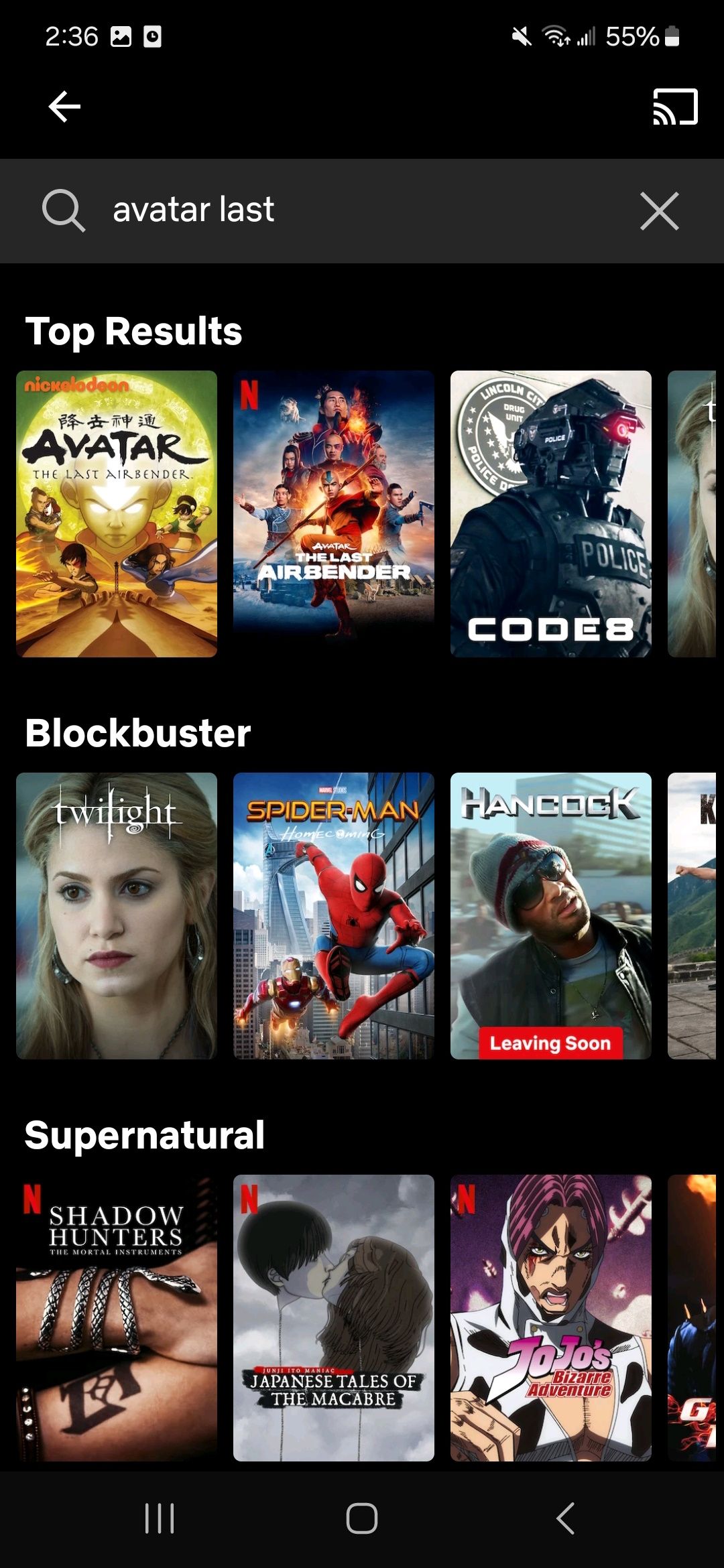entered search in netflix app with search results